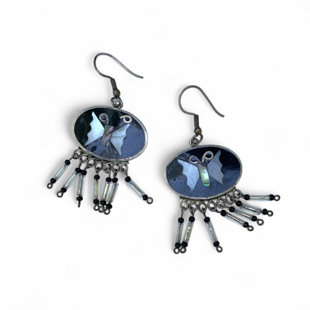 Vintage Alpaca Butterfly Inlay Earrings